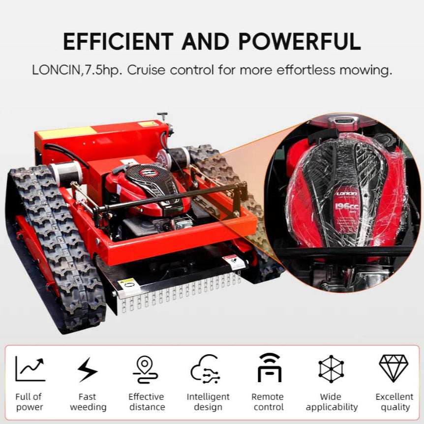 Red lawn mower with text highlighting features and benefits on a white background